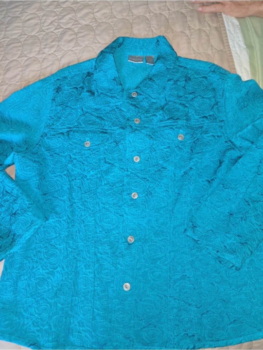 Chico's Teal Embossed Floral Button-Front Blouse